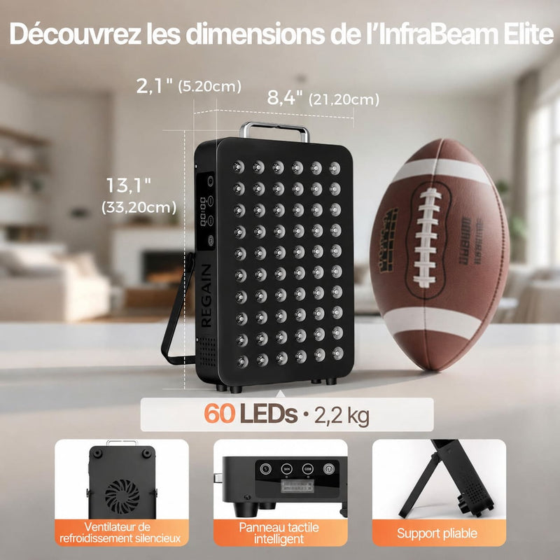 Panneau de luminothérapie REGAIN InfraBeam Elite avec dimensions, 60 LEDs, ventilateur et support pliable